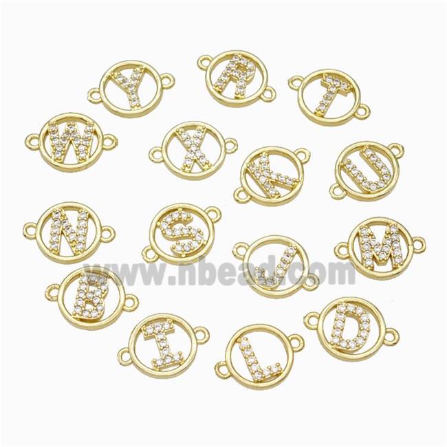 Copper Alphabet Connector Pave Zirconia Mix Letters Circle Gold Plated