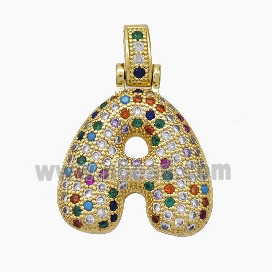 Copper Letter-A Pendant Micropave Multicolor Zirconia Gold Plated