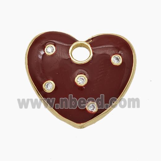 Copper Heart Pendant Pave Zirconia DarkRed Enamel Gold Plated