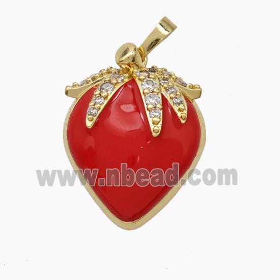 Copper Starwberry Charms Pendant Pave Zirconia Red Enamel Gold Plated