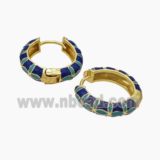 Copper Hoop Earrings Blue Enamel Gold Plated