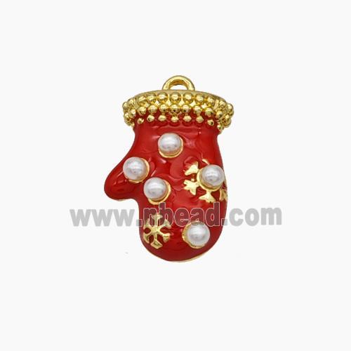 Christmas Mitten Charms Copper Pendant Pave Pearlized Resin Red Enamel Gold Plated