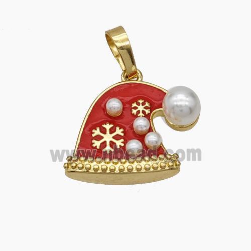 Christmas Hat Charms Copper Pendant Pave Pearlized Resin Red Enamel Gold Plated