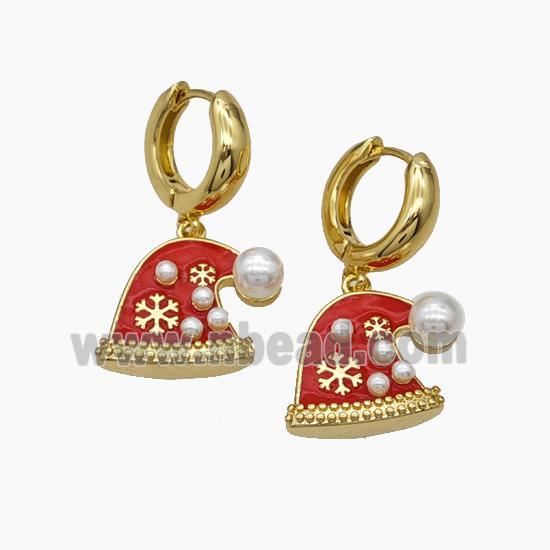 Christmas Hat Charms Copper Hoop Earrings Pave Pearlized Resin Red Enamel Gold Plated