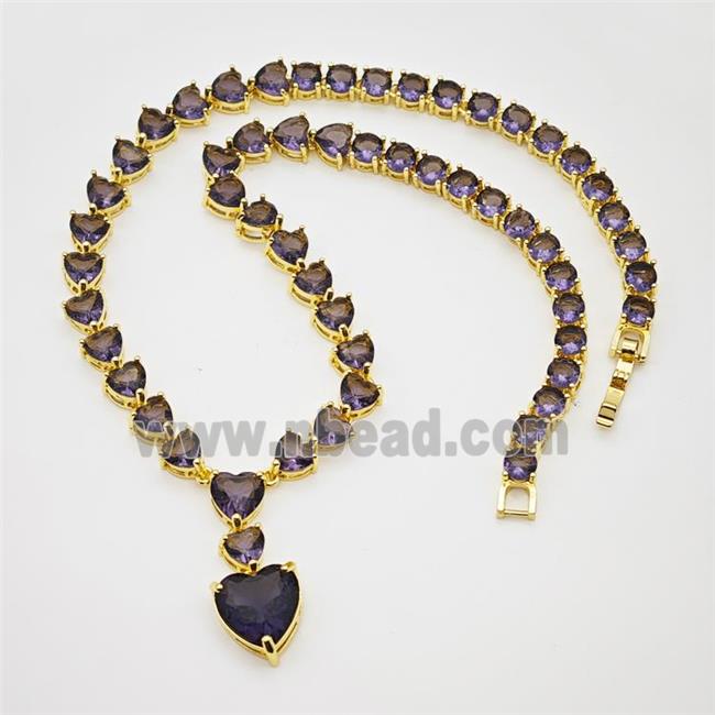 Copper Necklace Pave Purple Crystal Glass Heart Gold Plated