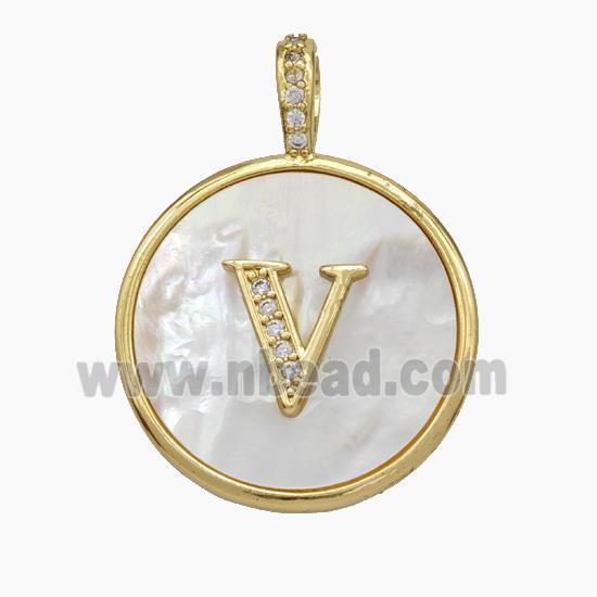 Copper Letter-V Pendant Pave Shell Zirconia Circle Gold Plated