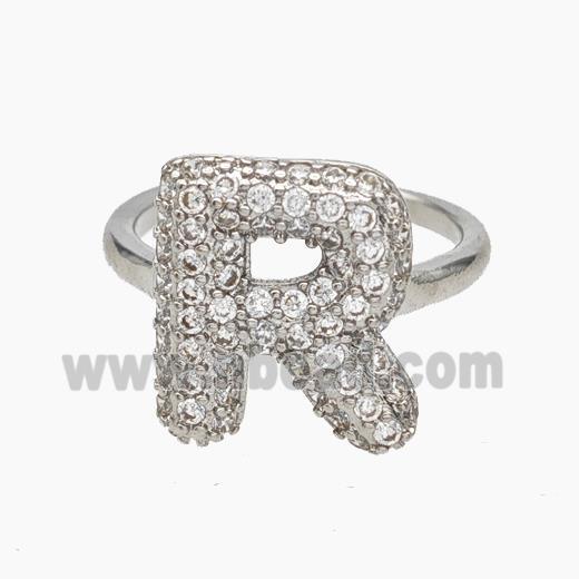 Copper Letter-R Rings Micropave Zirconia Platinum Plated