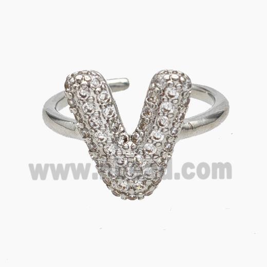 Copper Letter-V Rings Micropave Zirconia Platinum Plated