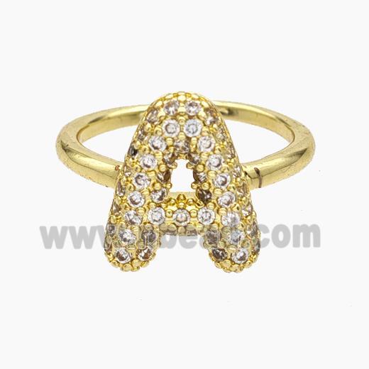 Copper Letter-A Rings Micropave Zirconia Gold Plated