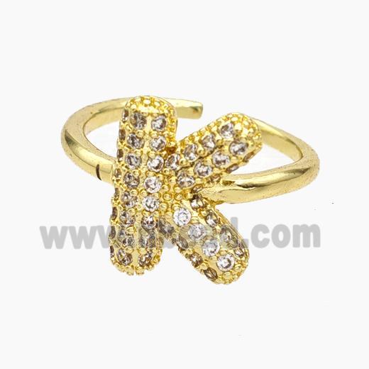 Copper Letter-K Rings Micropave Zirconia Gold Plated