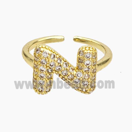 Copper Letter-N Rings Micropave Zirconia Gold Plated