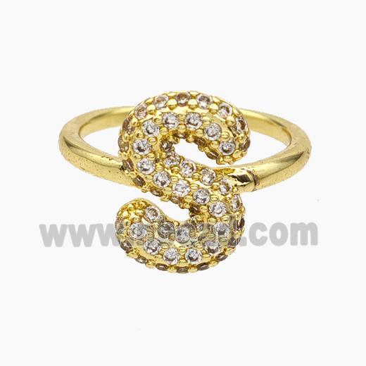 Copper Letter-S Rings Micropave Zirconia Gold Plated