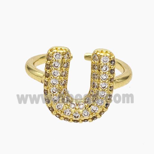 Copper Letter-U Rings Micropave Zirconia Gold Plated