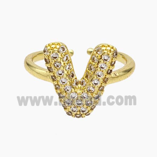 Copper Letter-V Rings Micropave Zirconia Gold Plated