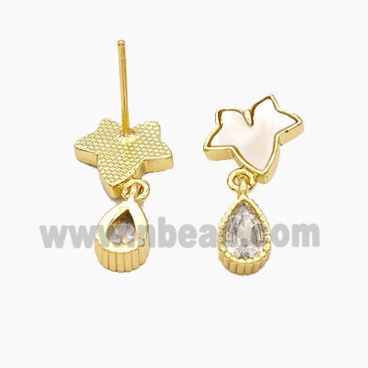 Copper Leaf Stud Earrings Pave Shell Teardrop 18K Gold Plated