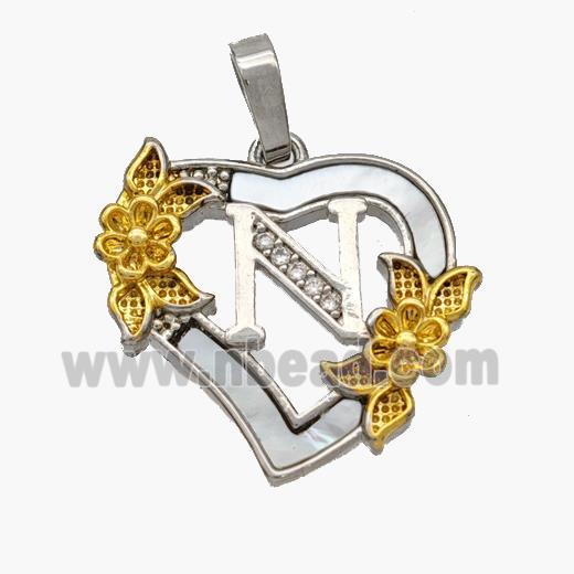 Copper Heart Pendant Pave Shell Zirconia Letter-N Platinum Plated 18K Gold Flower