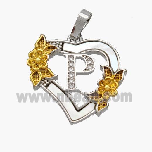 Copper Heart Pendant Pave Shell Zirconia Letter-P Platinum Plated 18K Gold Flower