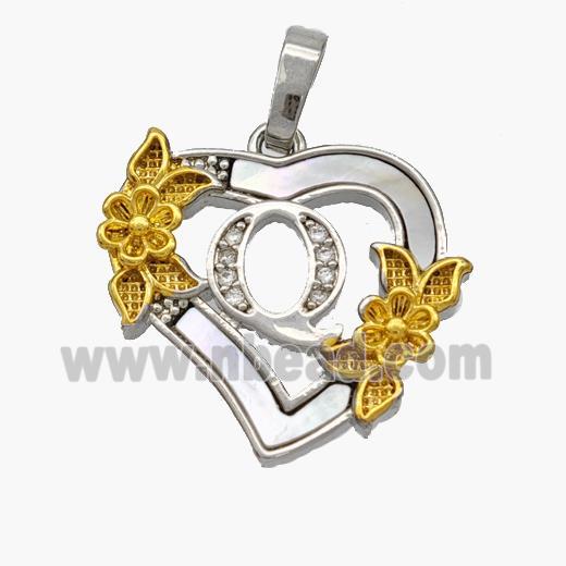 Copper Heart Pendant Pave Shell Zirconia Letter-Q Platinum Plated 18K Gold Flower