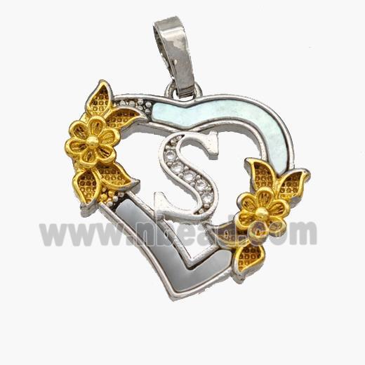 Copper Heart Pendant Pave Shell Zirconia Letter-S Platinum Plated 18K Gold Flower