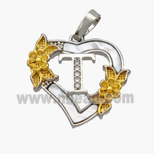 Copper Heart Pendant Pave Shell Zirconia Letter-T Platinum Plated 18K Gold Flower