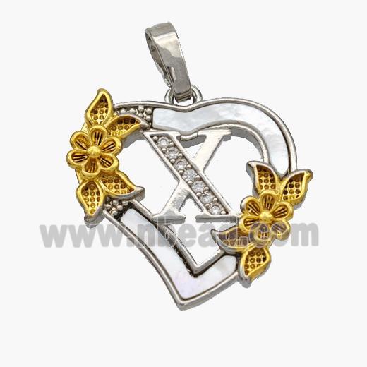 Copper Heart Pendant Pave Shell Zirconia Letter-X Platinum Plated 18K Gold Flower