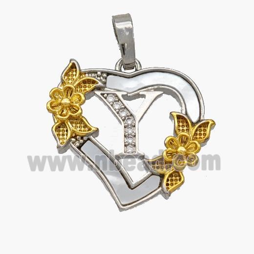 Copper Heart Pendant Pave Shell Zirconia Letter-Y Platinum Plated 18K Gold Flower