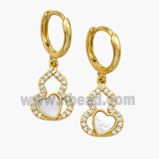 Copper Gourd Hoop Earrings Pave Shell Zirconia Heart 18K Gold Plated