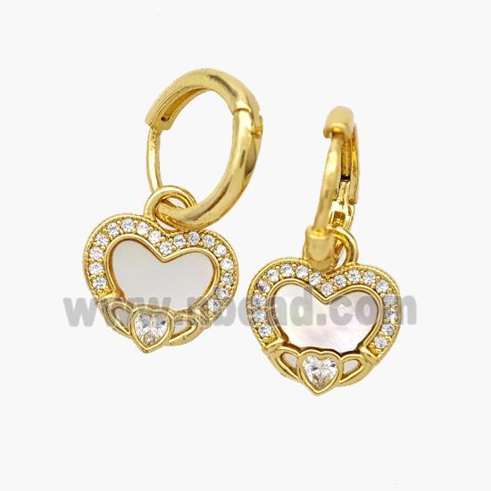 Copper Heart Hoop Earrings Pave Shell Zirconia 18K Gold Plated