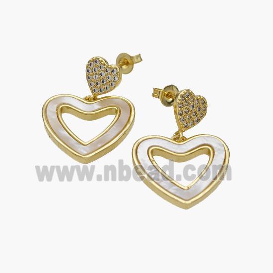 Copper Heart Stud Earrings Pave Shell Zirconia 18K Gold Plated