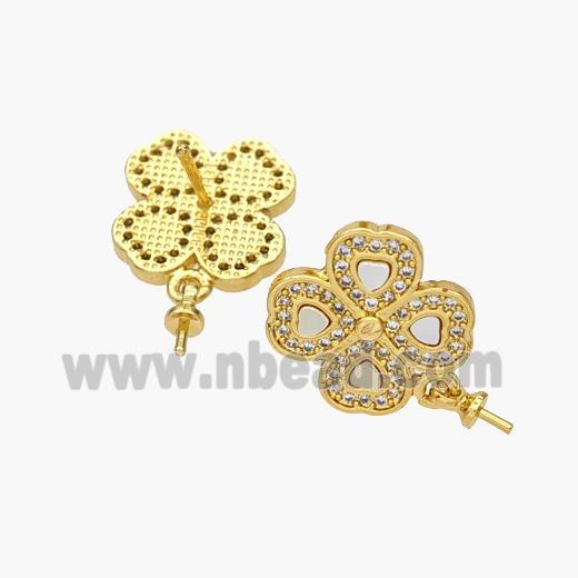 Copper Clover Stud Earrings Pave Shell Zirconia 18K Gold Plated