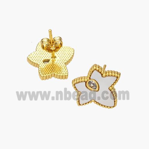 Copper Maple Leaf Stud Earrings Pave Shell Zirconia 18K Gold Plated