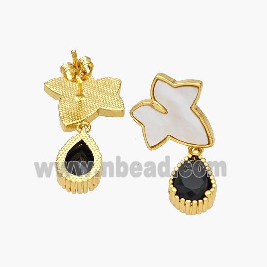 Copper Maple Leaf Stud Earrings Pave Shell Teardrop 18K Gold Plated