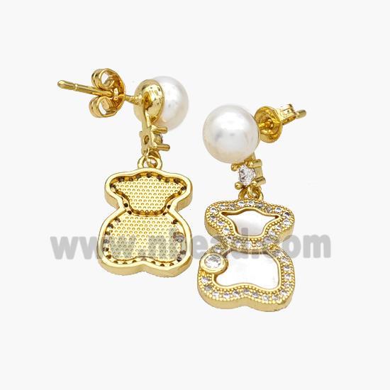 Copper Bear Stud Earrings Pave Pearlized Resin Shell 18K Gold Plated