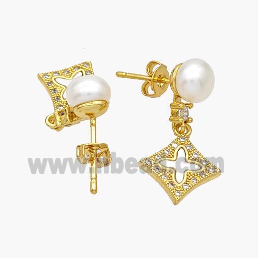 Copper Cross Stud Earrings Pave Pearlized Resin Shell 18K Gold Plated