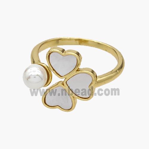 Copper Clover Rings Pave Shell Pearlized Resin 18K Gold Plated