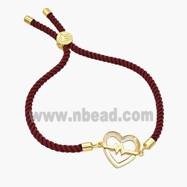 Darkred Nylon Bracelet With Copper Heart Pave Shell Adjustable