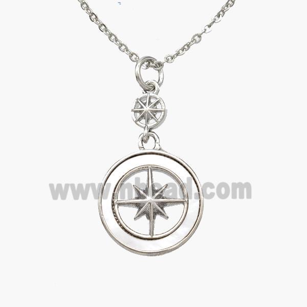 Copper Compass Necklace Pave Shell Platinum Plated