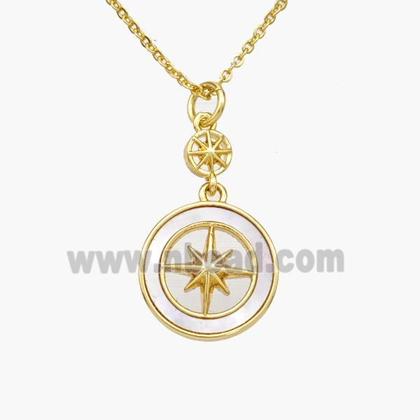 Copper Compass Necklace Pave Shell Gold Plated