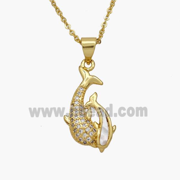 Copper Dolphin Necklace Pave Shell Zirconia Gold Plated