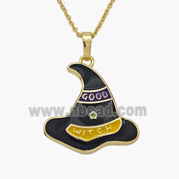 Halloween Witch Hat Charms Copper Necklace Black Enamel Gold Plated