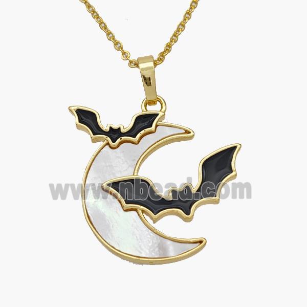 Halloween Bat Charms Copper Moon Necklace Pave Shell Enamel Gold Plated