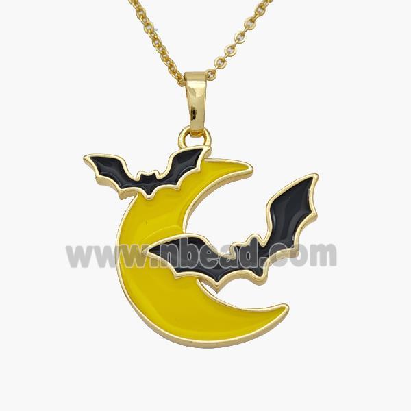 Halloween Bat Charms Copper Moon Necklace Yellow Enamel Gold Plated