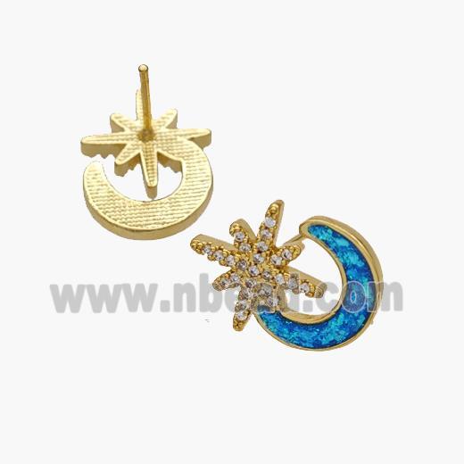 Copper Moon Star Stud Earrings Pave Fire Opal Zirconia 18K Gold Plated