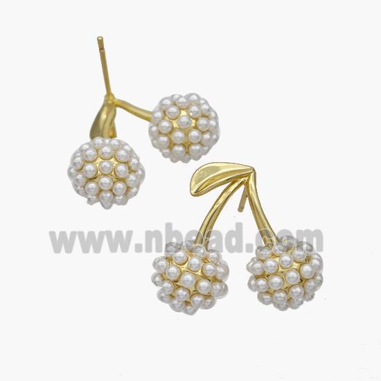 Copper Cherry Stud Earrings Micropave Pearlized Resin Gold Plated