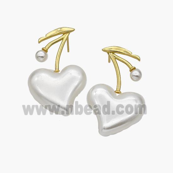 Copper Cherry Stud Earrings Pave Pearlized Resin Heart Gold Plated