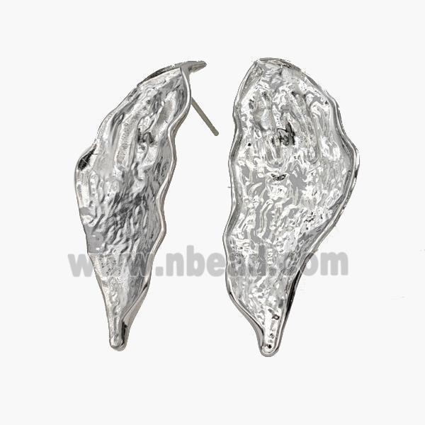 Copper Leaf Stud Earrings Hammered Platinum Plated