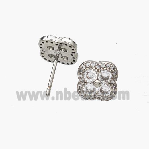 Copper Clover Stud Earrings Pave Zirconia Platinum Plated