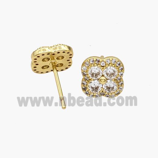 Copper Clover Stud Earrings Pave Zirconia Gold Plated