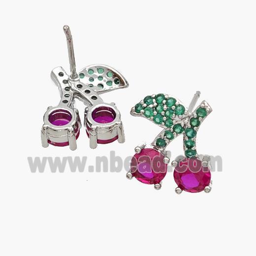 Copper Cherry Stud Earrings Pave Zirconia Platinum Plated