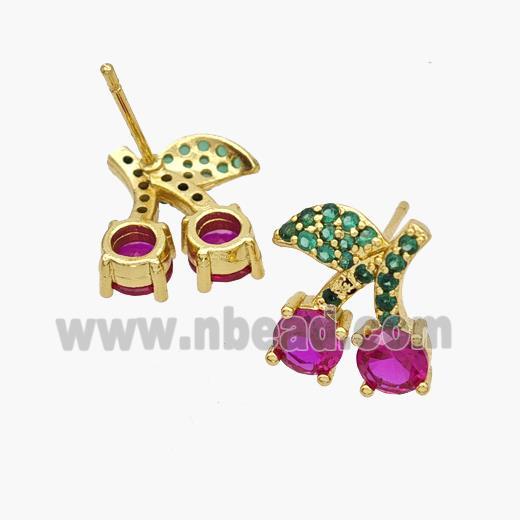 Copper Cherry Stud Earrings Pave Zirconia Gold Plated